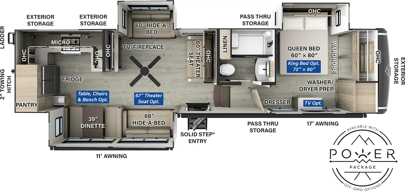 The Flagstaff Classic Fifth Wheels F371RK has one entry and three slide outs. Exterior features include: fiberglass exterior and 11' & 13' awning. Interiors features include: rear kitchen and front bedroom.